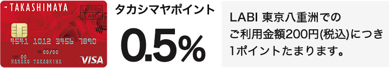 タカシマヤポイント0.5％　LABI 東京八重洲でのご利用金額200円（税込）につき1ポイントたまります。